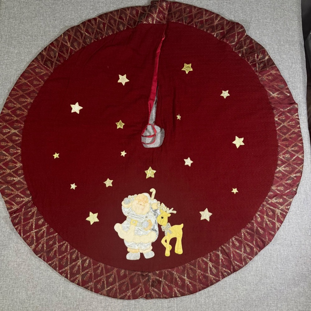 VTG Prima Creations Christmas Tree Skirt Santa Reindeer Burgundy Metallic 46in